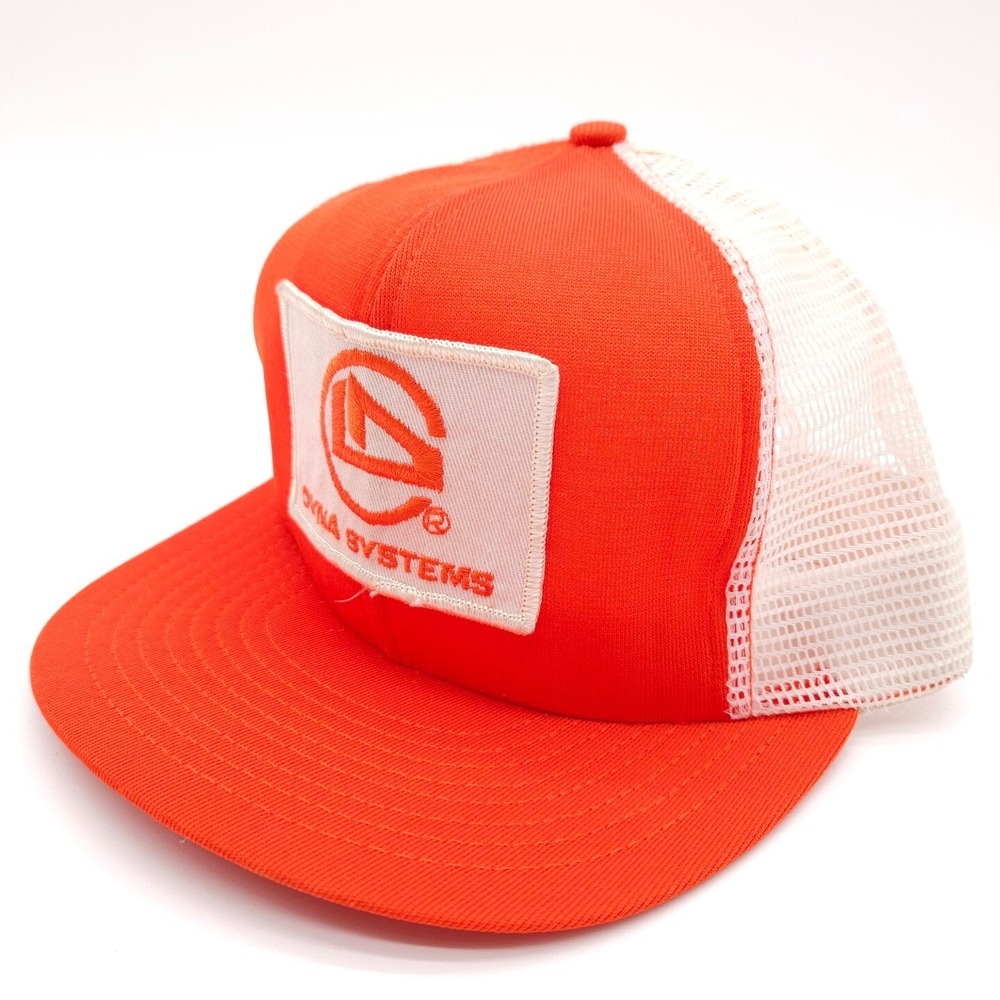 Vintage Dyna Systems Big Patch Mesh Snapback Trucker Hat Orange USA Made Cap